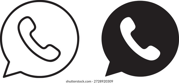 Iconos simples en blanco y negro con un teléfono dentro de una burbuja de chat, que simbolizan la comunicación directa y los servicios de llamadas.