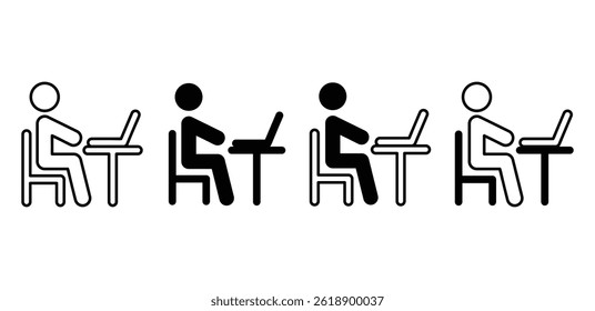 Simple Black and White Icons of People Working on Laptops at Desks Vector Design Illustration