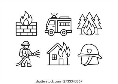 Simple black and white icons represent wildfire scenarios, fire crews, and structural fires.