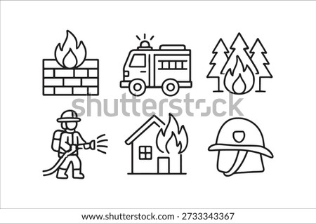 Simple black and white icons represent wildfire scenarios, fire crews, and structural fires.