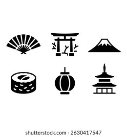 Simple Black and White Icons Representing Japanese Culture