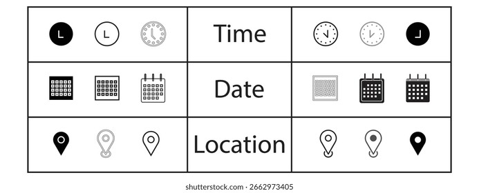 Simple Black and White Icons Representing Time, Date, and Location.