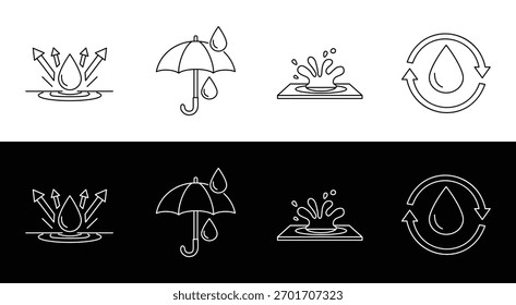 Iconos simples en blanco y negro que representan la lluvia, los paraguas, el ciclo del agua y las plantas florecientes.