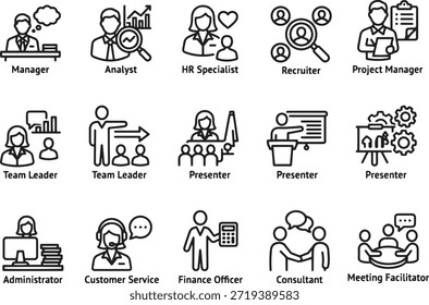 Simple black and white icons representing various business roles and professions, including managers, analysts, and presenters.