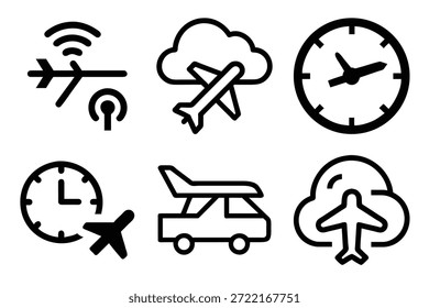 Simple black and white icons representing various aspects of travel and timekeeping.