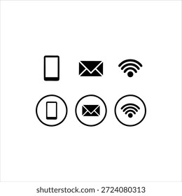 Ícones simples em preto-e-branco que representam os símbolos de telefone celular, e-mail e Wi-Fi em dois estilos diferentes.