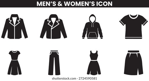Iconos simples en blanco y negro que representan varios artículos de ropa para hombres y mujeres