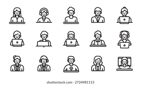 Einfache schwarz-weiße Symbole, die verschiedene Personen darstellen, die Laptops und Headsets für die Kommunikation verwenden