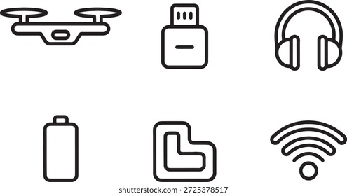 Iconos simples en blanco y negro que representan drones, usb, auriculares, batería, cable y símbolos wifi dispuestos en un diseño de cuadrícula sobre un fondo blanco limpio que simboliza la tecnología y los dispositivos electrónicos.