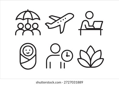 Iconos simples en blanco y negro que representan viajes, familia, salud y actividades de ocio pacíficas.