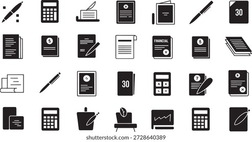 Ícones simples em preto e branco representando materiais de escritório, documentos e elementos financeiros para tarefas administrativas e de negócios exibidos em um fundo branco limpo.