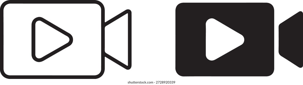 Einfache Schwarzweißsymbole, die Videoaufzeichnung, Wiedergabe und Multimedia-Inhalte für verschiedene digitale Plattformen und Benutzeroberflächen darstellen.