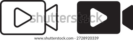 Simple black and white icons representing video recording, playback, and multimedia content for various digital platforms and user interfaces.