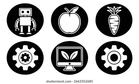 Simple black and white icons robot, apple, carrot, gears, and eco-friendly computer technology, health, and sustainability concepts