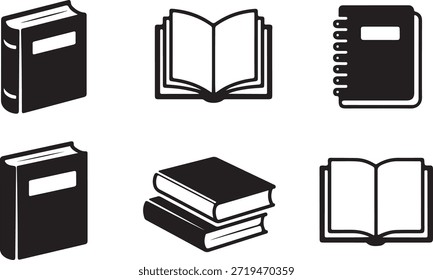Los iconos simples en blanco y negro muestran una selección de libros y diferentes estilos de cuadernos.