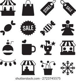 Einfache schwarz-weiße Symbole, die verschiedene Marktstände und Produkte wie Verkaufsetiketten, Bonbons und Kaffeebecher zeigen, ideal für Marketingmaterialien und Werbung.