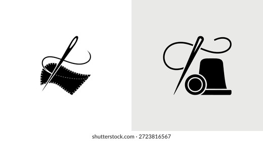 Simple black and white icons showcasing sewing tools like a needle, thread, and thimble.