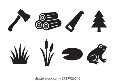 Iconos simples en blanco y negro que muestran herramientas, plantas y animales que se encuentran en un entorno natural.