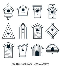 Simple black and white icons of wooden birdhouses. Large, big set of houses for birds, bird feeder of various shapes. Line art. Crafts made of wood. Bird Day, Nature protection. Vector illustration