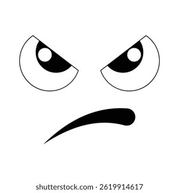 Simples ilustração em preto e branco de um rosto de desenho animado com olhos estreitados e uma boca franzida. Perfeito para expressar frustração ou raiva.