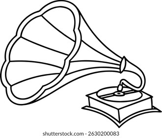 Simples ilustração em preto e branco de um gramofone antigo para música e conceito de áudio
