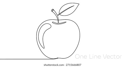 Simple black and white illustration of an apple drawn with a single continuous line. Ideal for healthy eating campaigns. Nature and organic food concept. Clean graphic design element. Vector illustration