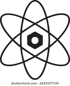 A simple black and white illustration of an atom with a hexagonal nucleus and three orbiting electron paths.