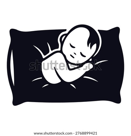 A simple black and white illustration of a baby sleeping soundly on a comfortable pillow.