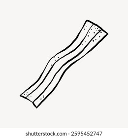 Simple black and white illustration of a bacon strip. Bacon drawing with wavy lines. Minimalist bacon art, emphasizing the strip's texture and form. Doodle illustration vector.