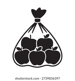 Simple black and white illustration of a bag filled with red apples