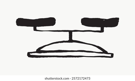 Simple black and white illustration of a balance scale. Minimalist design with two pans. Symbolizes justice and equality. Clean and bold lines. Simple black line art doodle vector.