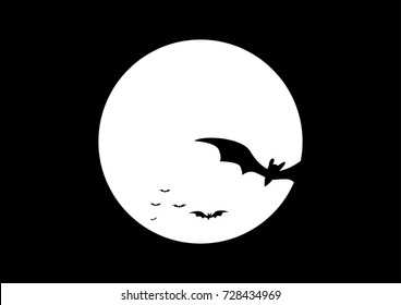 Simple black and white illustration of bats flying with a full moon in the background, for halloween theme and background.