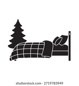 Simple ilustración en blanco y negro de una cama con un árbol cerca