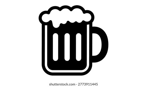 A simple black and white illustration of a beer mug filled with frothy beer, set against a clean white background. The image features a minimalist design with bold lines, making it suitable for use in various digital and print applications, such as logos, icons, or advertisements.