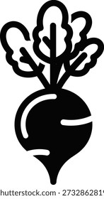 Uma simples ilustração em preto e branco de uma beterraba com suas folhas, apresentada em um fundo branco simples