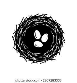 A simple black and white illustration of a bird's nest containing three oval-shaped eggs.