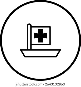 Simples ilustração em preto e branco de um barco com uma bandeira com um símbolo de cruz