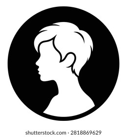 A simple black and white illustration of a boy's head in profile