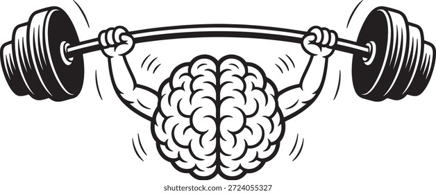 La simple ilustración en blanco y negro de un levantamiento de pesas cerebral representa la fuerza mental y el poder cognitivo que simbolizan la fuerza mental y la resiliencia en un Diseño gráfico sencillo.
