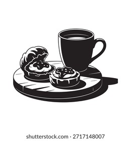 A simple black and white illustration of a breakfast with pastry and coffee