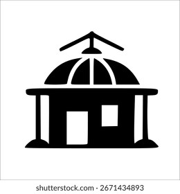 Eine einfache Schwarz-Weiß-Illustration eines Gebäudes mit einem kuppelförmigen Dach und Säulen, die möglicherweise ein Planetarium oder Observatorium darstellen.