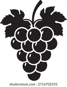 Una simple ilustración en blanco y negro de un racimo de uvas con hojas