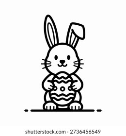 Simple black and white illustration of a bunny holding a decorated egg