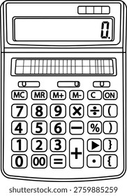A simple black and white illustration of a calculator with a prominent display screen and a full keypad