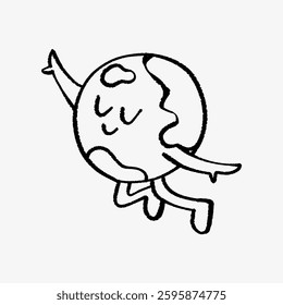 Simple black and white illustration of a cartoon Earth character with a joyful expression, arms and legs, appearing to dance or leap with happiness. Isolated vector illustration.