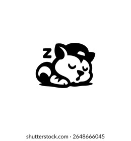 Simple black and white illustration of a cartoon cat sleeping