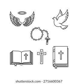 Simple black and white illustration of Catholic symbols including crosses and doves
