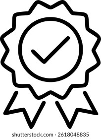 Una simple ilustración en blanco y negro de una marca de verificación dentro de un icono de insignia de roseta con cintas