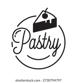 Simples ilustração preto e branco de torta de cereja e a palavra pastelaria