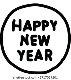 A simple black and white illustration of a circle with Happy New Year text inside